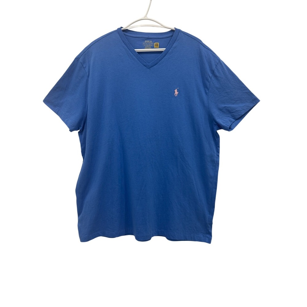 Polo Ralph Lauren Blue V Neck T Shirt XL Single Stitch Pink Pony